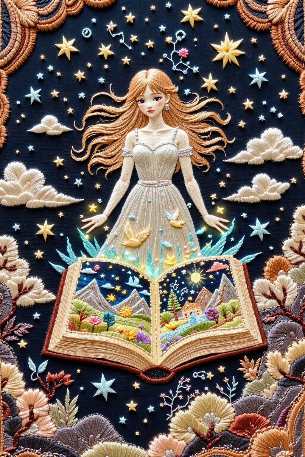 Embroidery style a close-up eye-level shot captures a detailed. A dreamy celestial fantasy scene: an open ancient book wit...