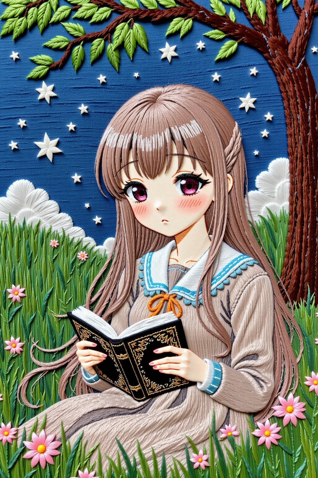 Close-up of a long-haired little girl in vintage anime style,  reading a book under a starry sky in a grassland below a tr...