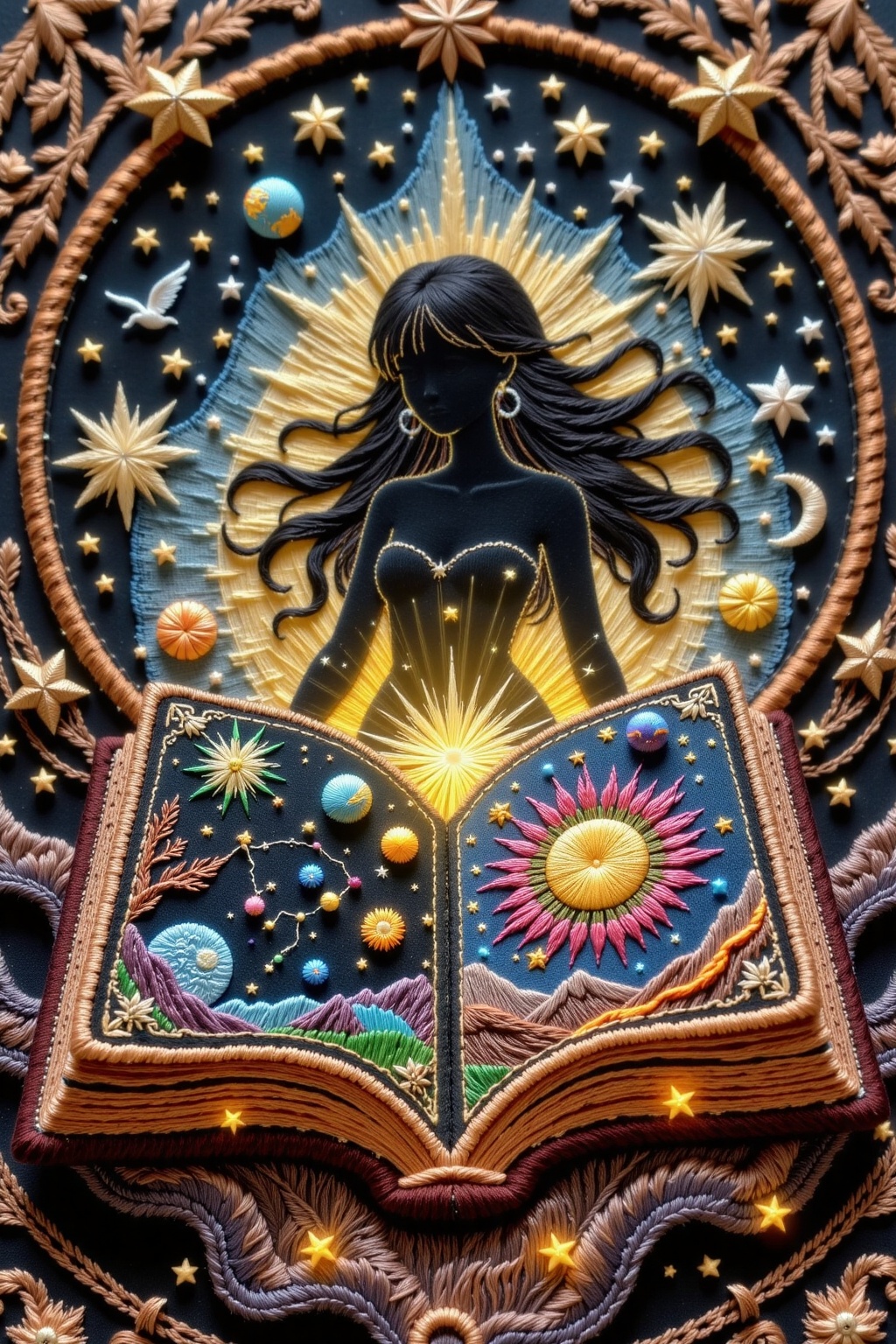Embroidery style a close-up eye-level shot captures a detailed. A dreamy celestial fantasy scene: an open ancient astrolog...
