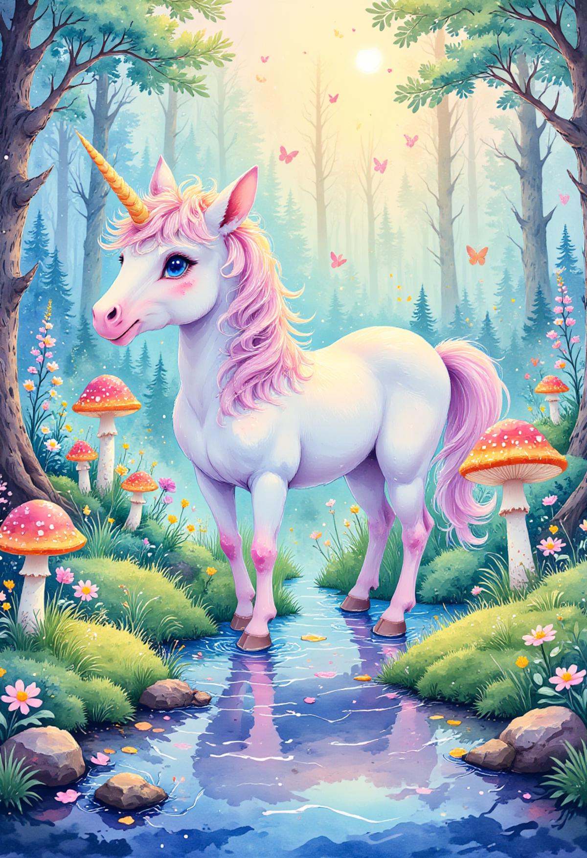 watercolor painting,  A baby unicorn drinking from a sparkling stream in a whimsical woodland setting,  complete with toad...