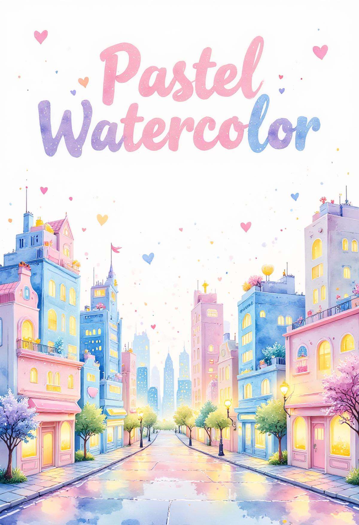 watercolor painting,  A whimsical cityscape in pastel watercolor,  with charming buildings and a light on Tensor.Art