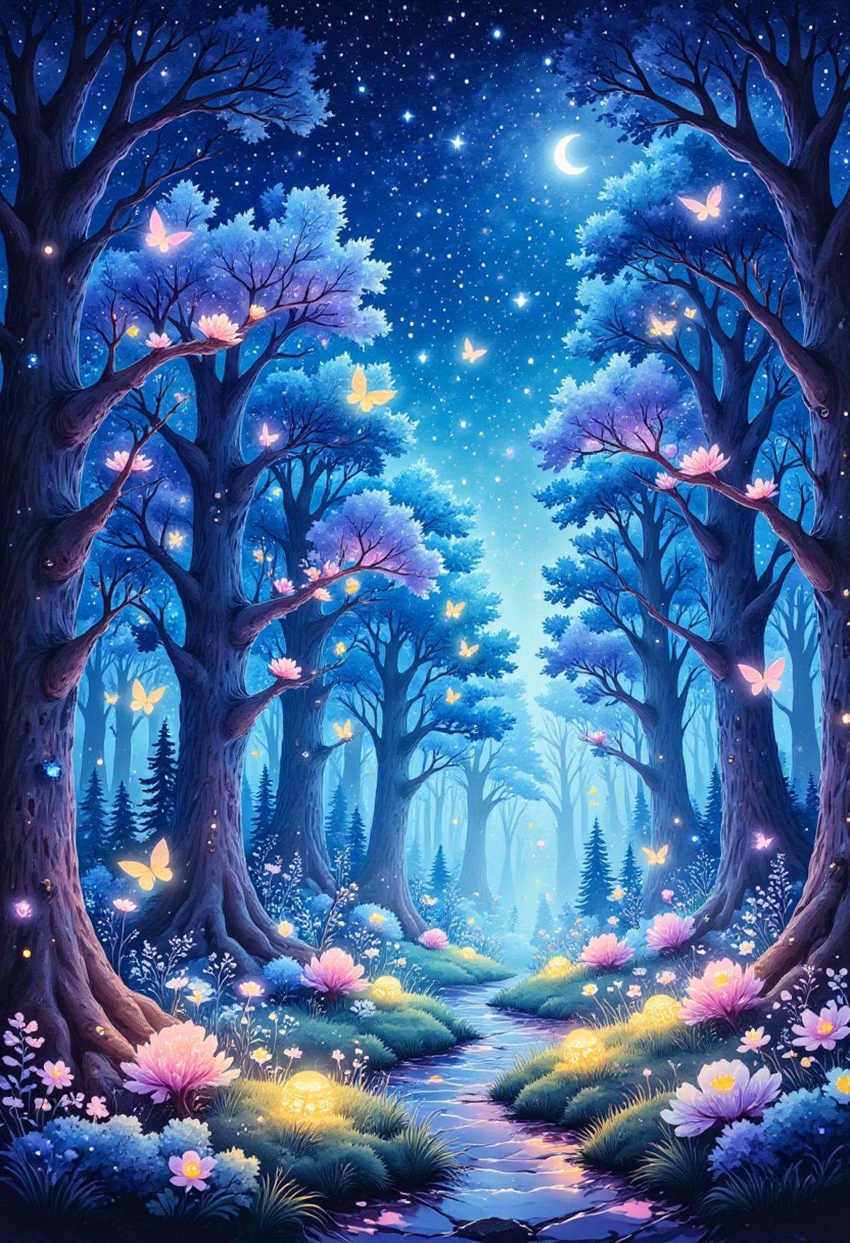 watercolor painting,  A fantasy scene of an enchanted forest at night,  where the trees are adorned with glowing biolumine...