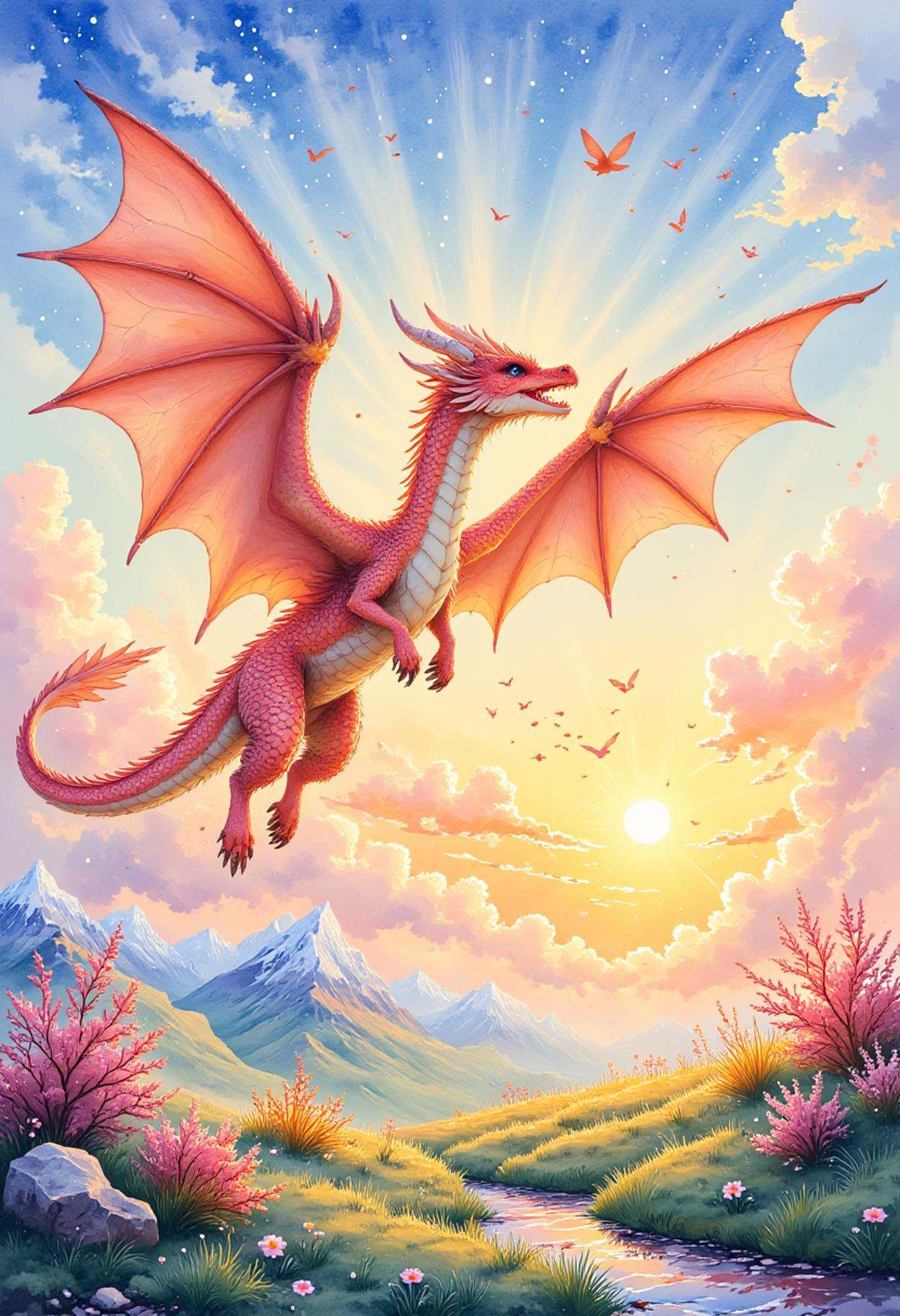 watercolor painting,  As morning sunrises,  a magnificent dragon spreads its wings and takes to the skies on Tensor.Art