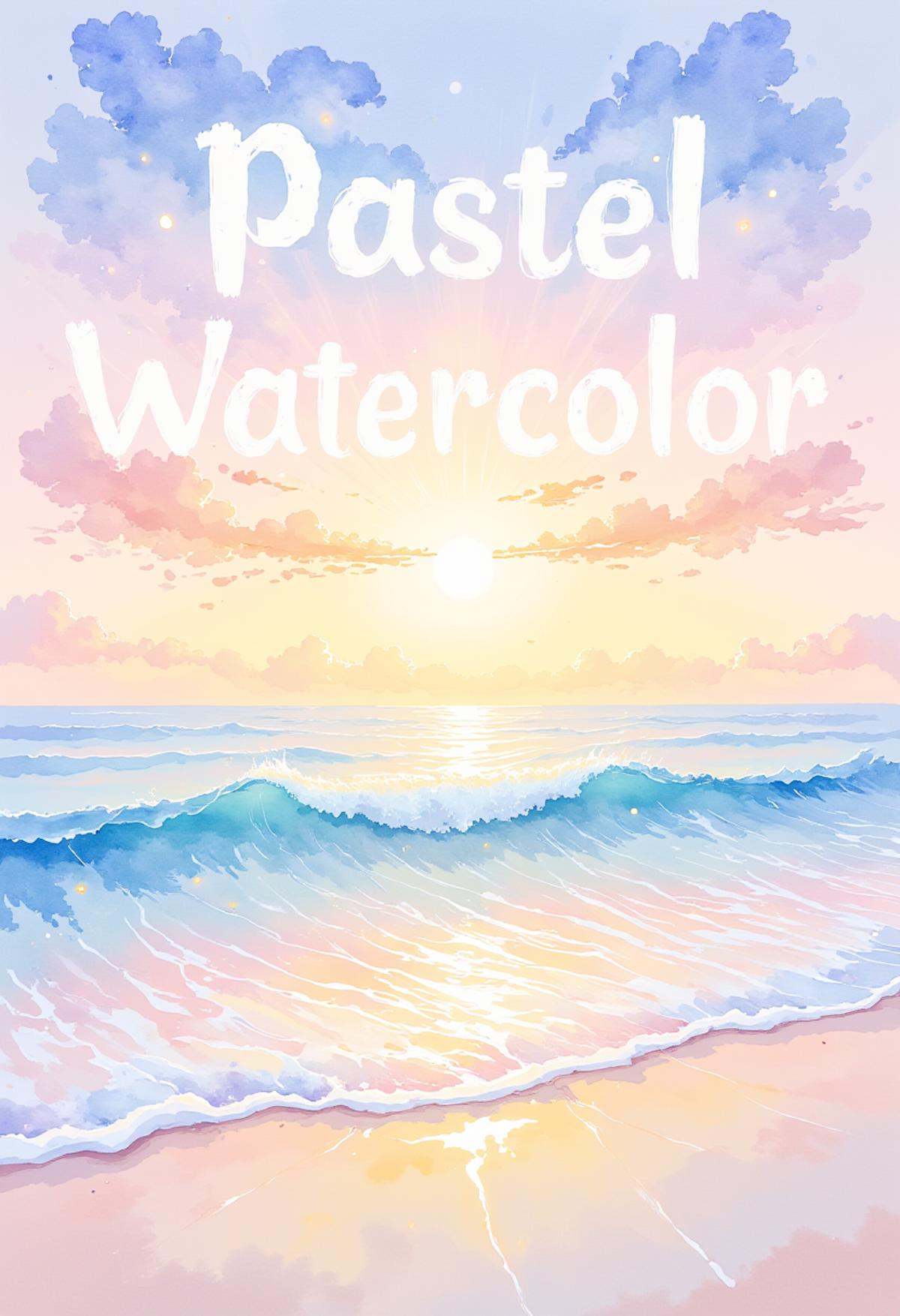 watercolor painting,  ,  A tranquil beach scene in pastel watercolor on Tensor.Art