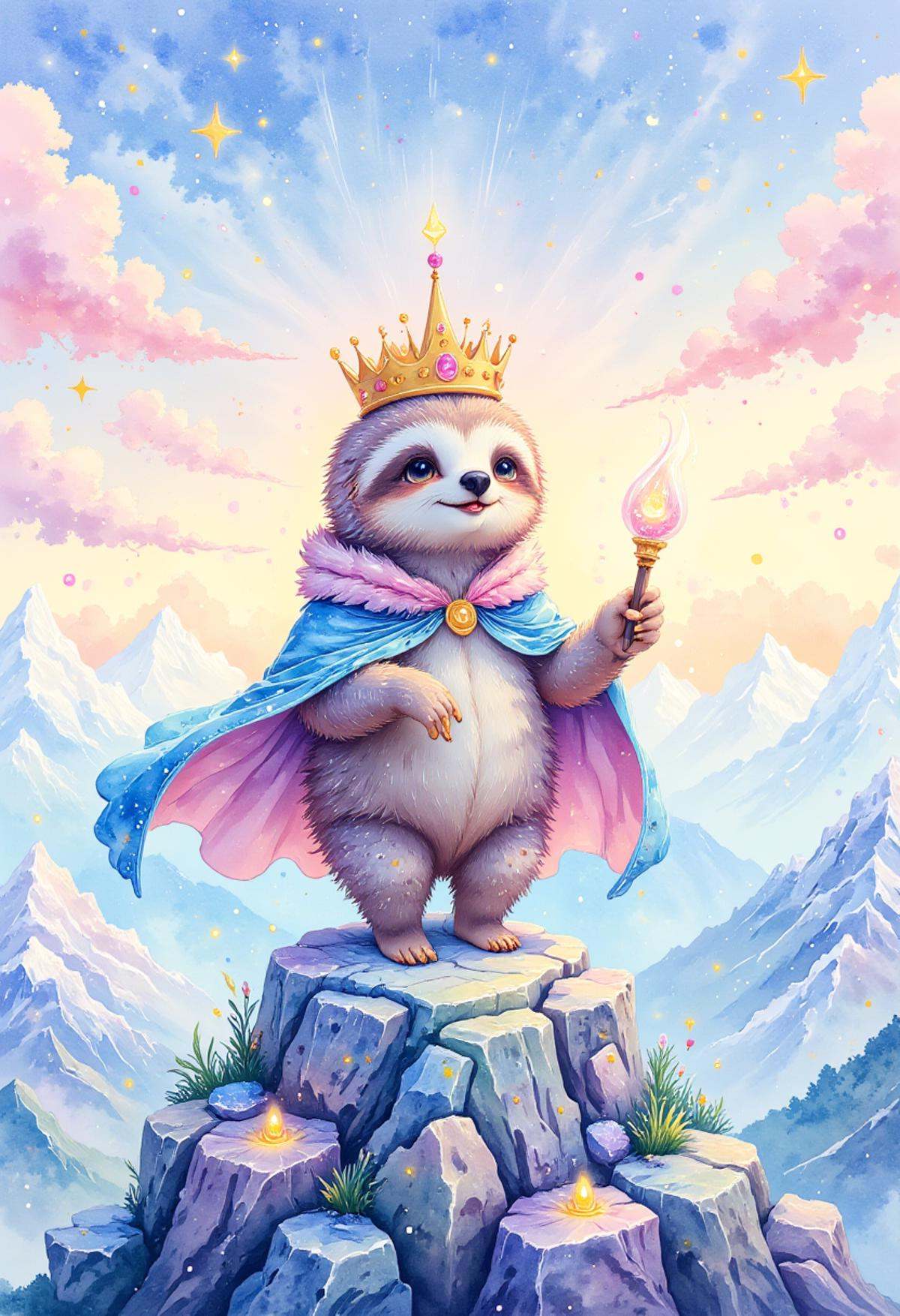 watercolor painting,  a cute chibi sloth wearing a king crown and a wizard cape,  playing with a magic wand on top of a mo...