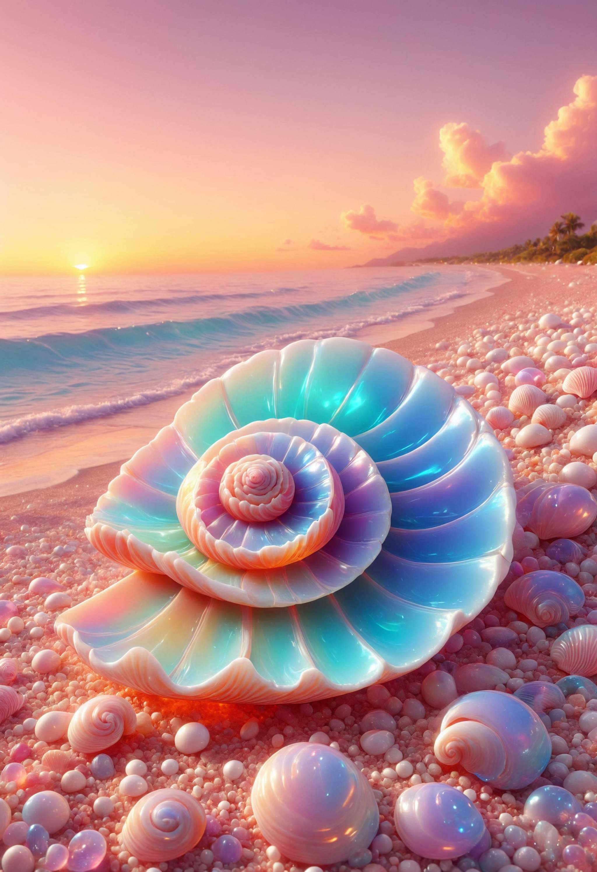 pink glowing seashell,  sunset,  beach. made out of iridescent jelly on Tensor.Art