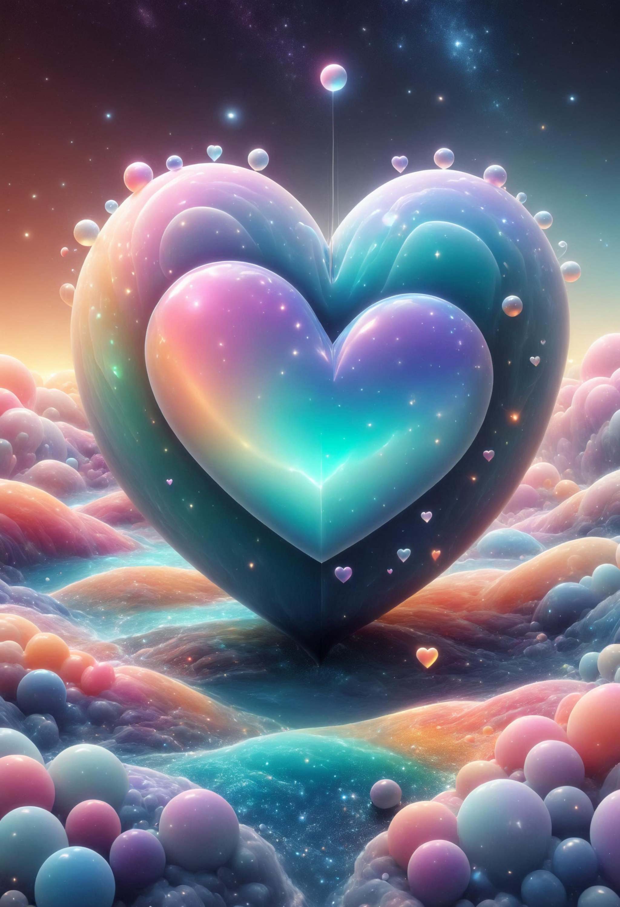 Cinematic shot of a cartoon heart sitting in shallow water with cosmos and beautiful stars in the sky inspired by Hergé. P...