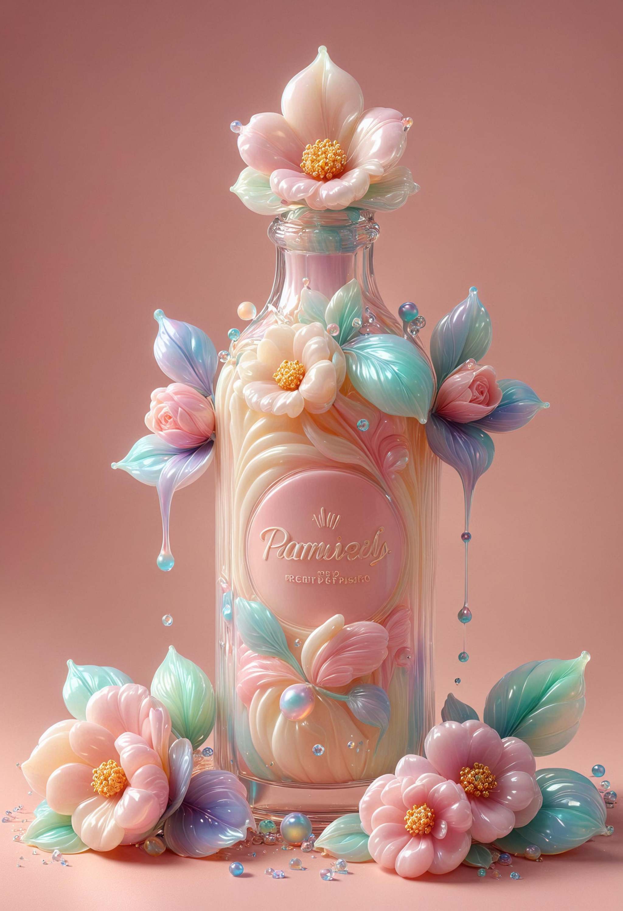 Breathtaking surreal image of a bottle made out of iridescent jelly,  a feeling of deep and delightful relaxation. The bot...