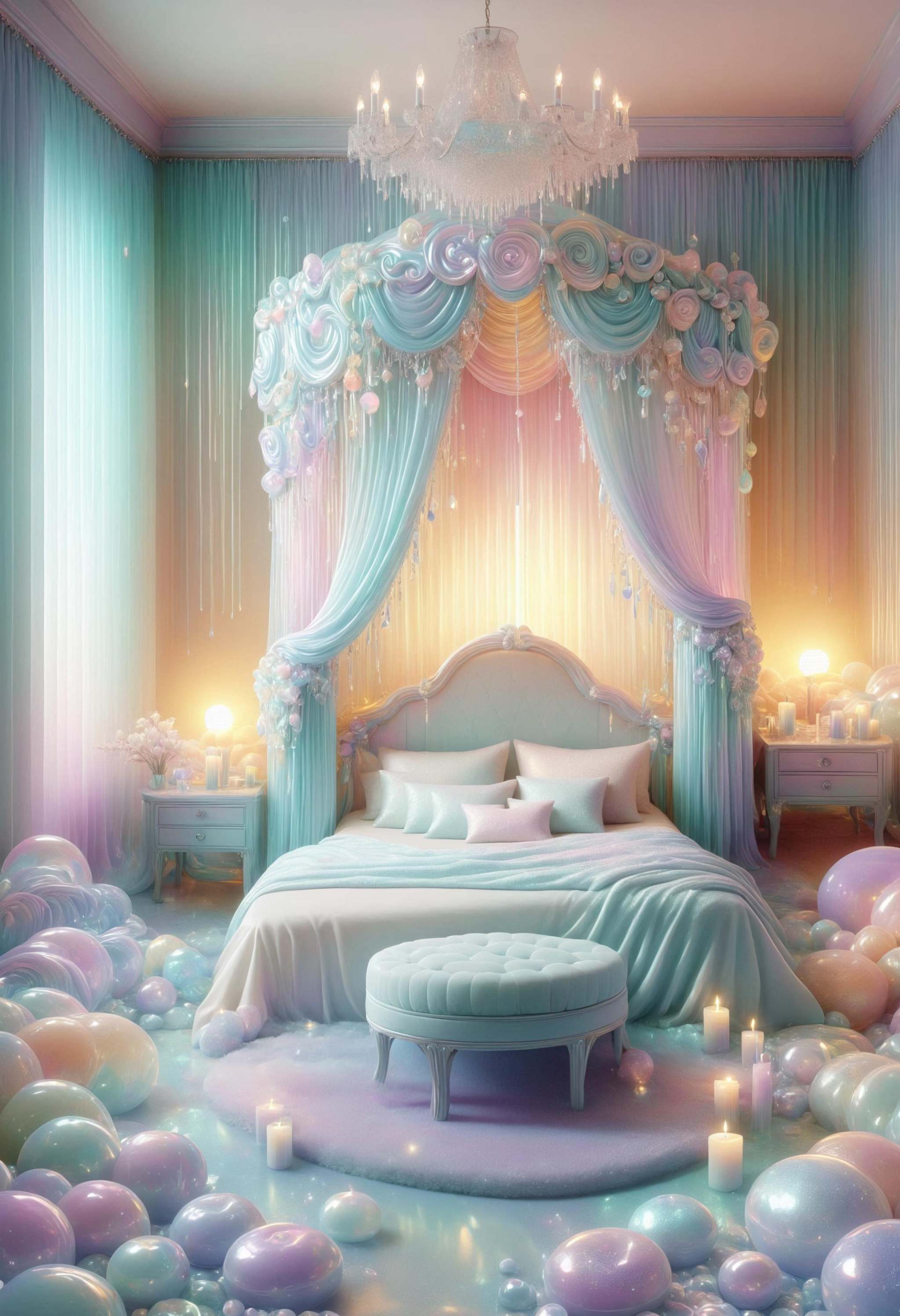 Craft a serene bedroom setting: iridescent jelly bed with pillows,  ambient lighting,  color palette on Tensor.Art