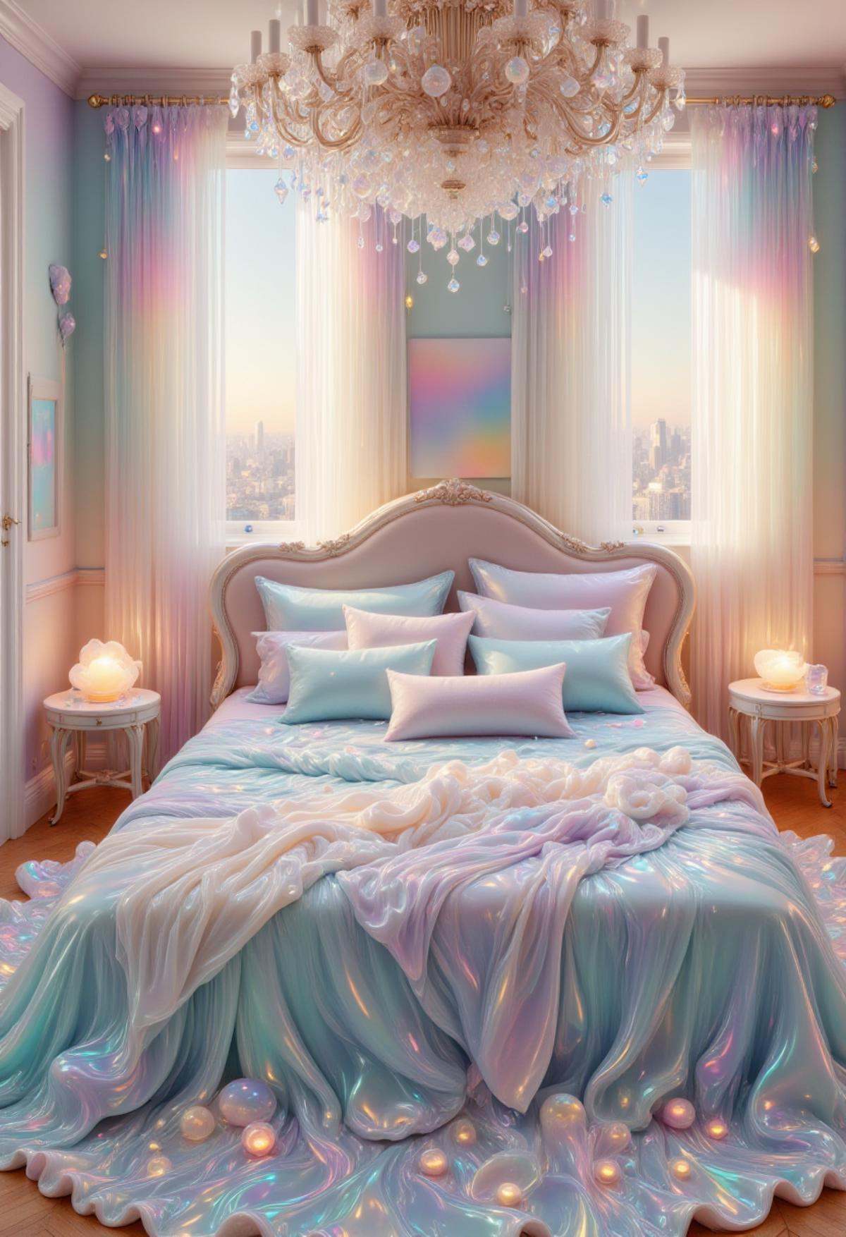 Craft a serene bedroom setting: iridescent jelly bed with pillows,  ambient lighting,  color palette on Tensor.Art