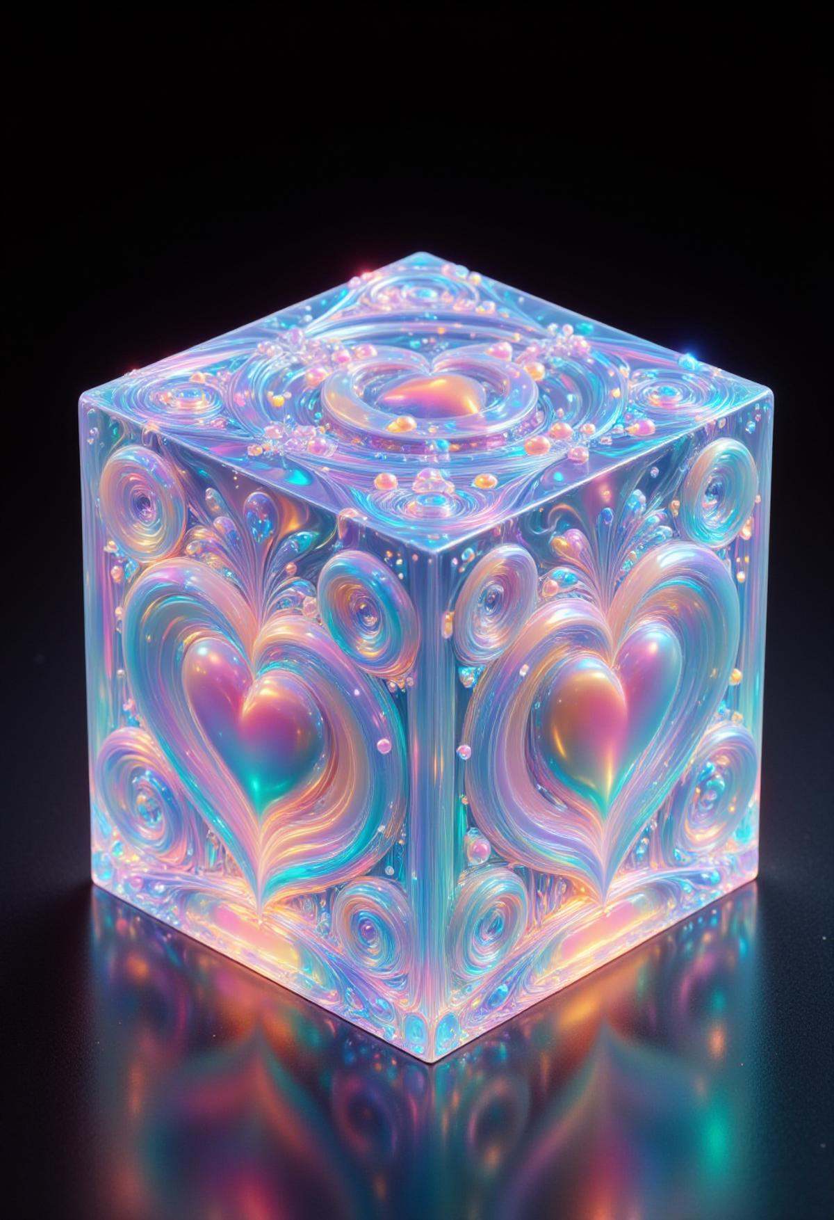 a cube made out of iridescent jelly,  heart engravings,  highly detailed on Tensor.Art