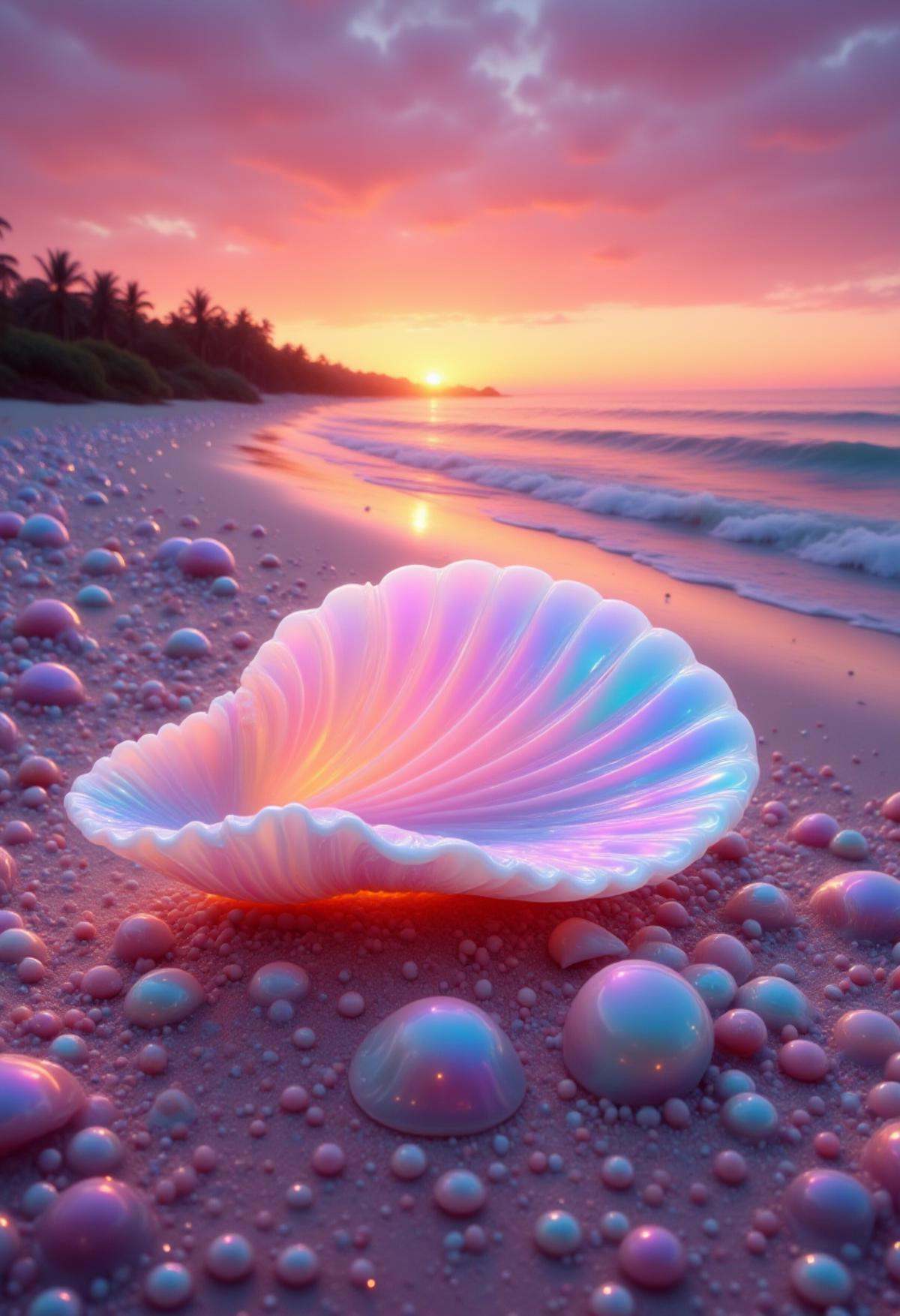 pink glowing seashell,  sunset,  beach on Tensor.Art
