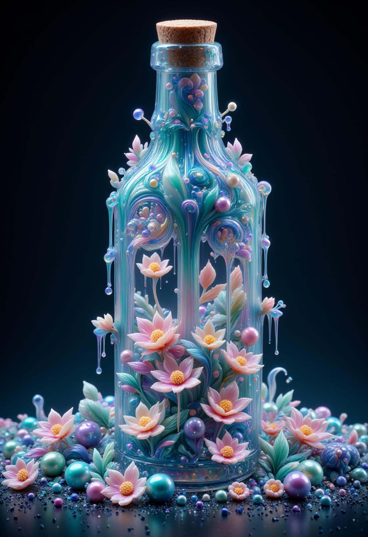 an elaborate bottle made out of iridescent jelly with whimsical elements,  magical fairytale landscape,  fantasy style art...