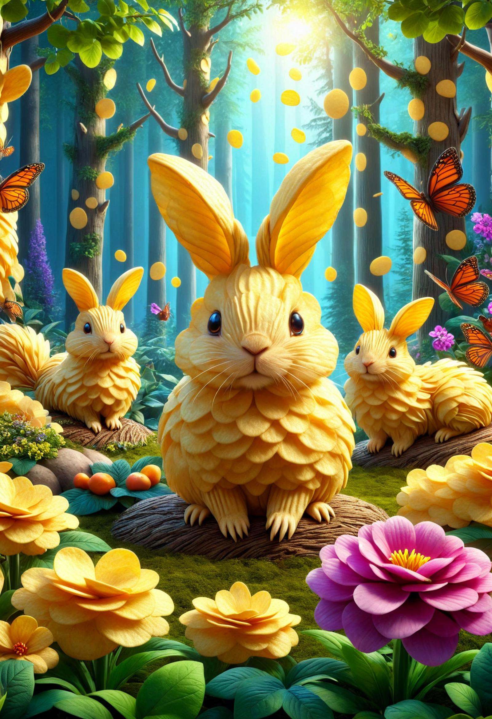 adorable cartoon style,  an enchanting forest,  friendly creatures frolic among unique flora on Tensor.Art