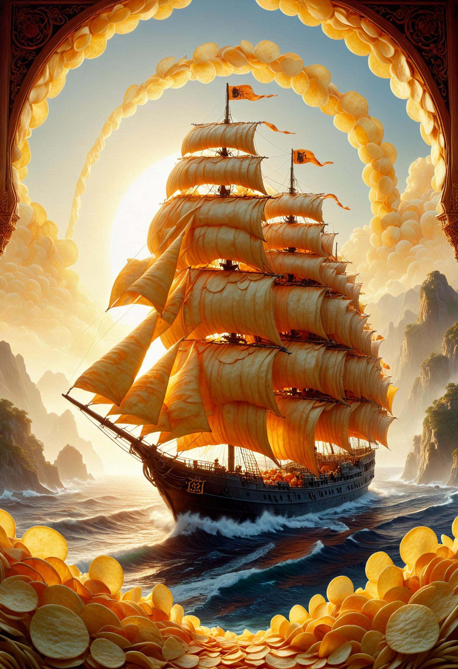 Rajasthani painting of a Arcadian Samurai Container ship,  Sun in the sky,  soft focus on Tensor.Art