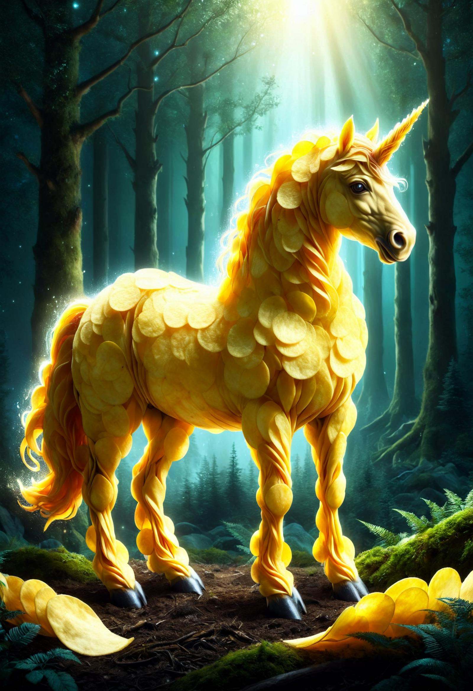A fantasy illustration of a glowing unicorn in a moonlit forest,  its mane and tail flowing with radiant energy,  made out...