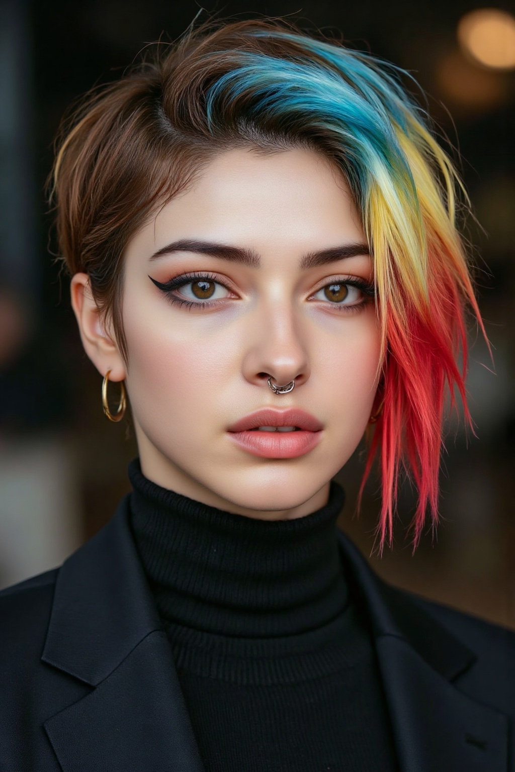 A captivating close-up photograph of a young woman with a striking multicolored ombre haircut,  featuring hues of brown,...