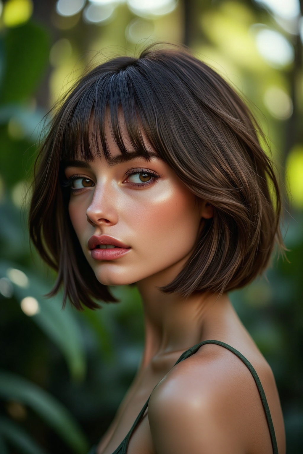 Bob haircut,  a beautiful woman,  Backdrop: A dense tropical jungle with vibrant green foliage and hints of sunlight break...