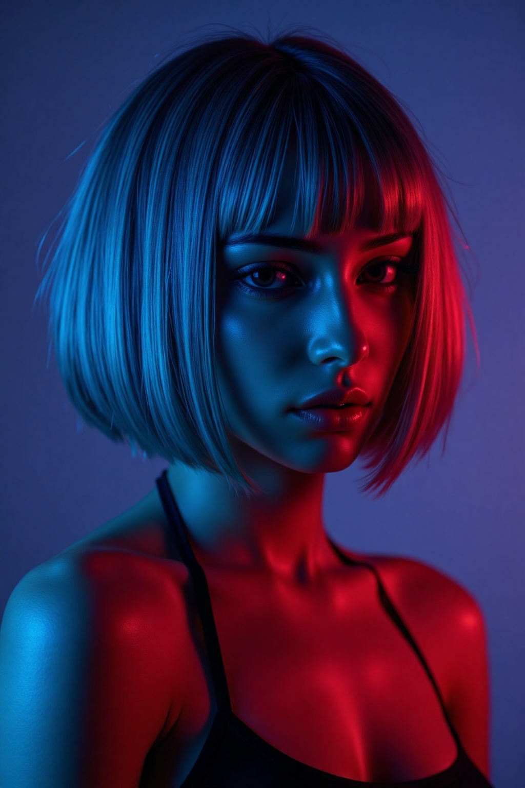 Bob haircut,  a beautiful woman,  The lighting is blue and red dramatic on Tensor.Art