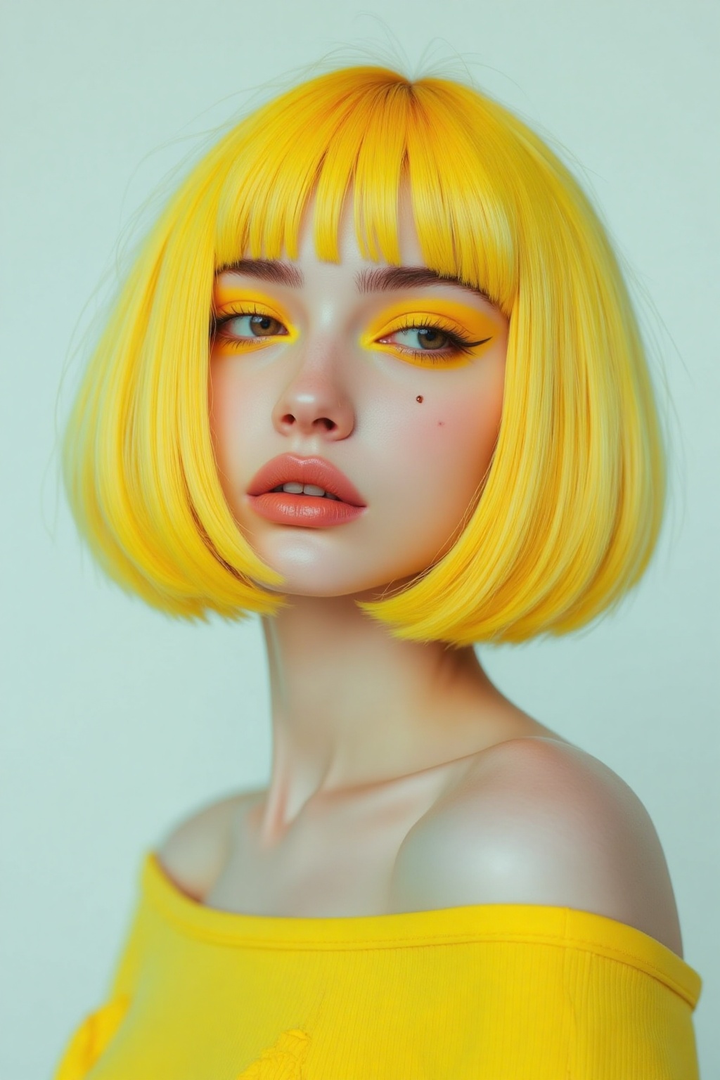 Photograph of a young woman with a bob haircut,  bright yellow hair,  and matching yellow eyeshadow and lipstick. She has...