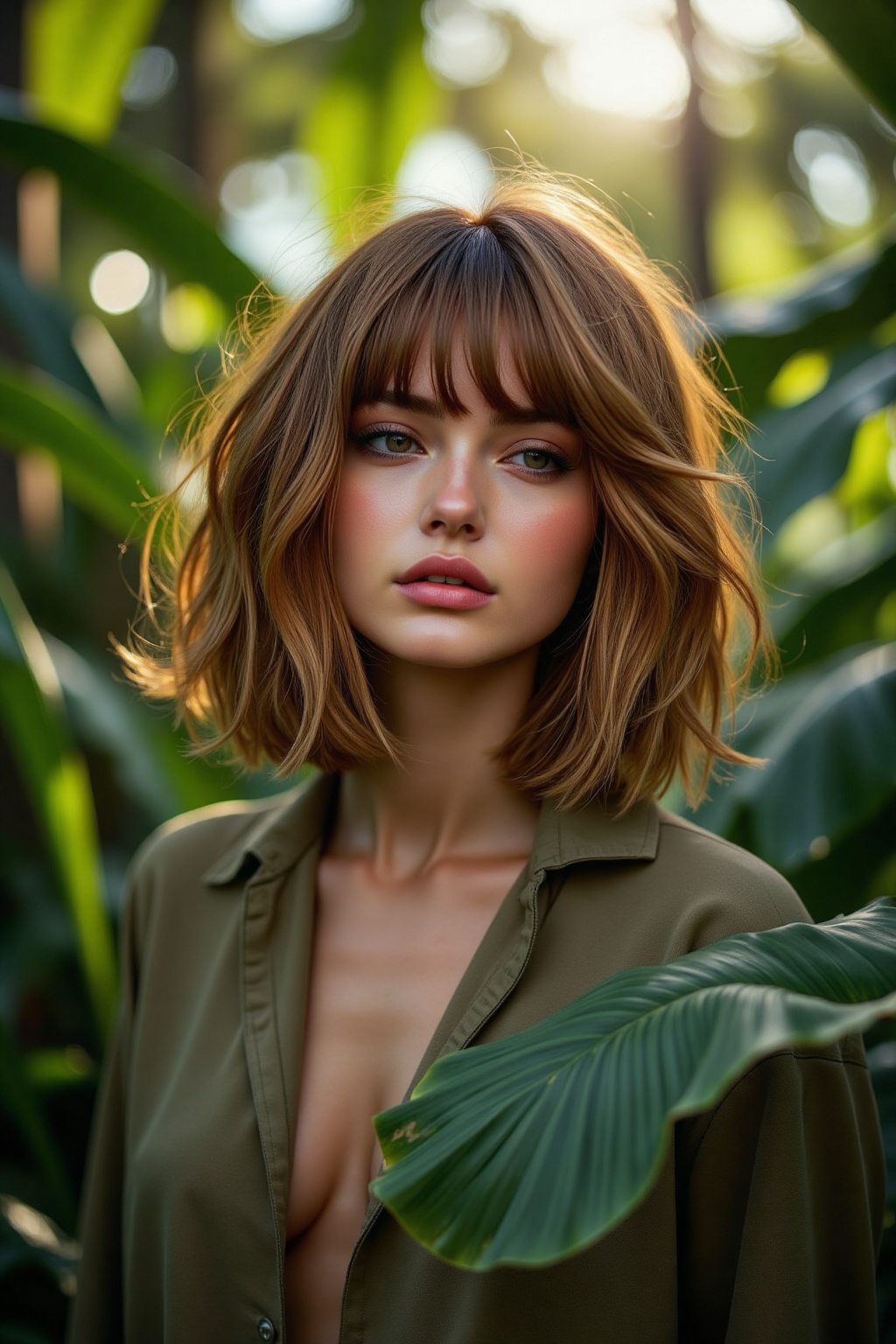 Bob haircut,  a beautiful woman,  Backdrop: A dense tropical jungle with vibrant green foliage and hints of sunlight break...