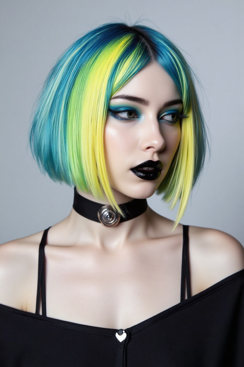 Photograph of a woman with a short vibrant bob haircut featuring multicolored streaks of blue green and yellow. She has pa...