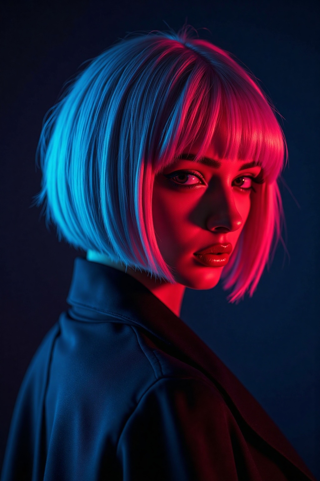 Bob haircut,  a beautiful woman,  The lighting is blue and red dramatic on Tensor.Art