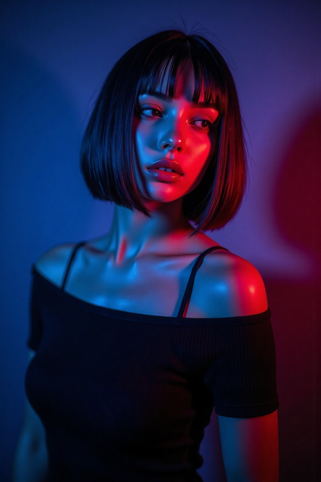 Bob haircut,  a beautiful woman,  The lighting is blue and red dramatic on Tensor.Art