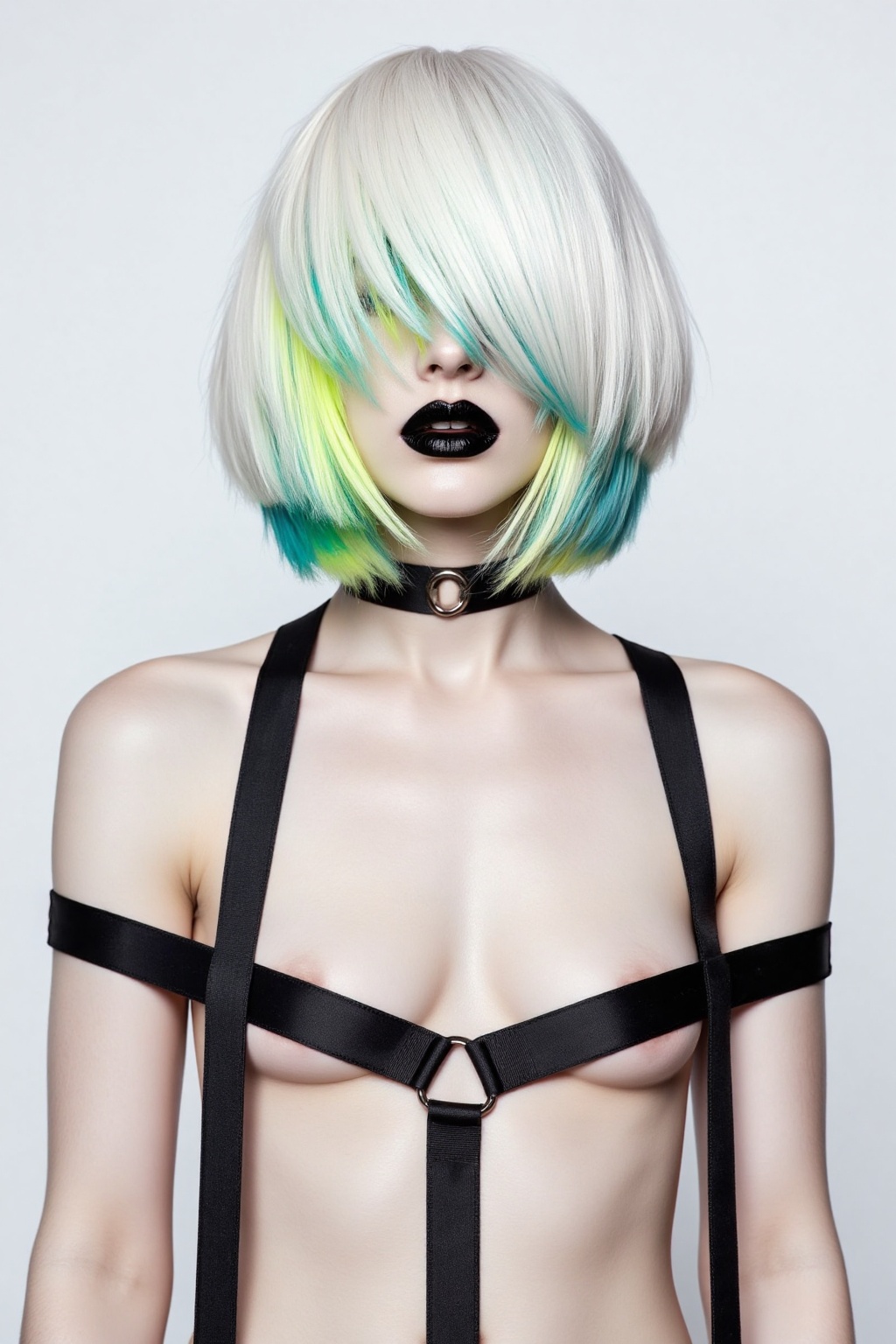 A woman with a short platinum blonde bob haircut styled with vivid green and blue streaks stands against a plain white bac...