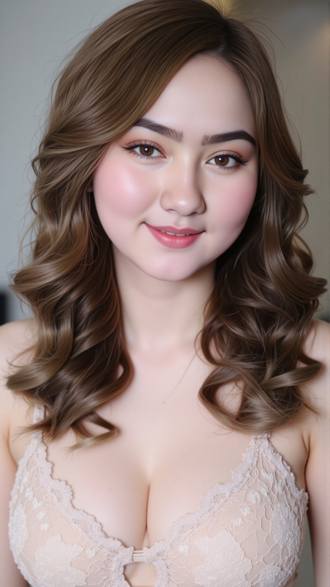 A young woman with fair skin and long,  wavy brown hair smiles softly at the camera. She has delicate features,  including...