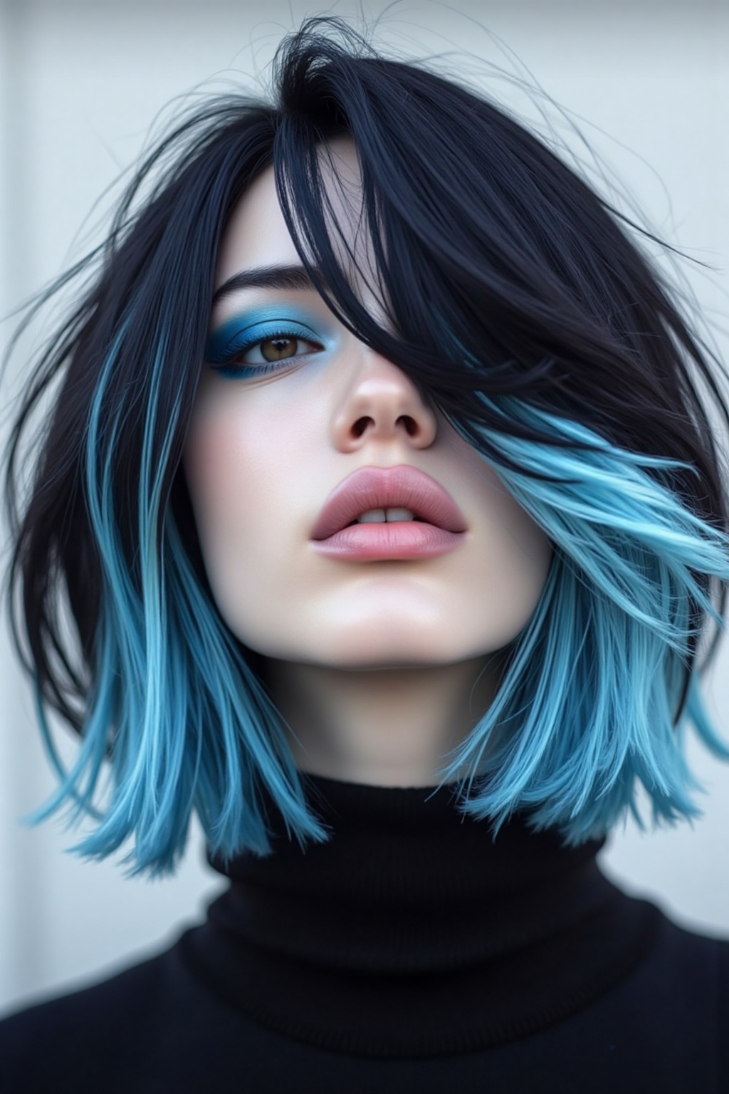 A close-up portrait of a woman with short tousled black hair featuring striking blue highlights. Her makeup is bold with b...