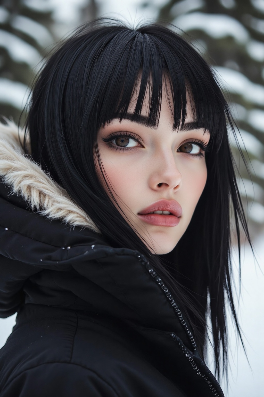 A close-up photograph of a woman with long straight black hair and bangs wearing a black winter coat with a fur-lined hood...