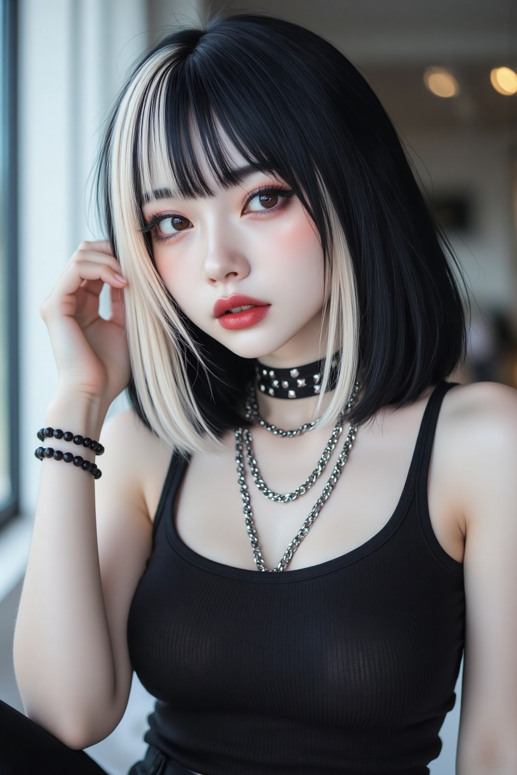 Anime-style digital drawing of a young Asian woman with straight shoulder-length black hair featuring a striking white str...