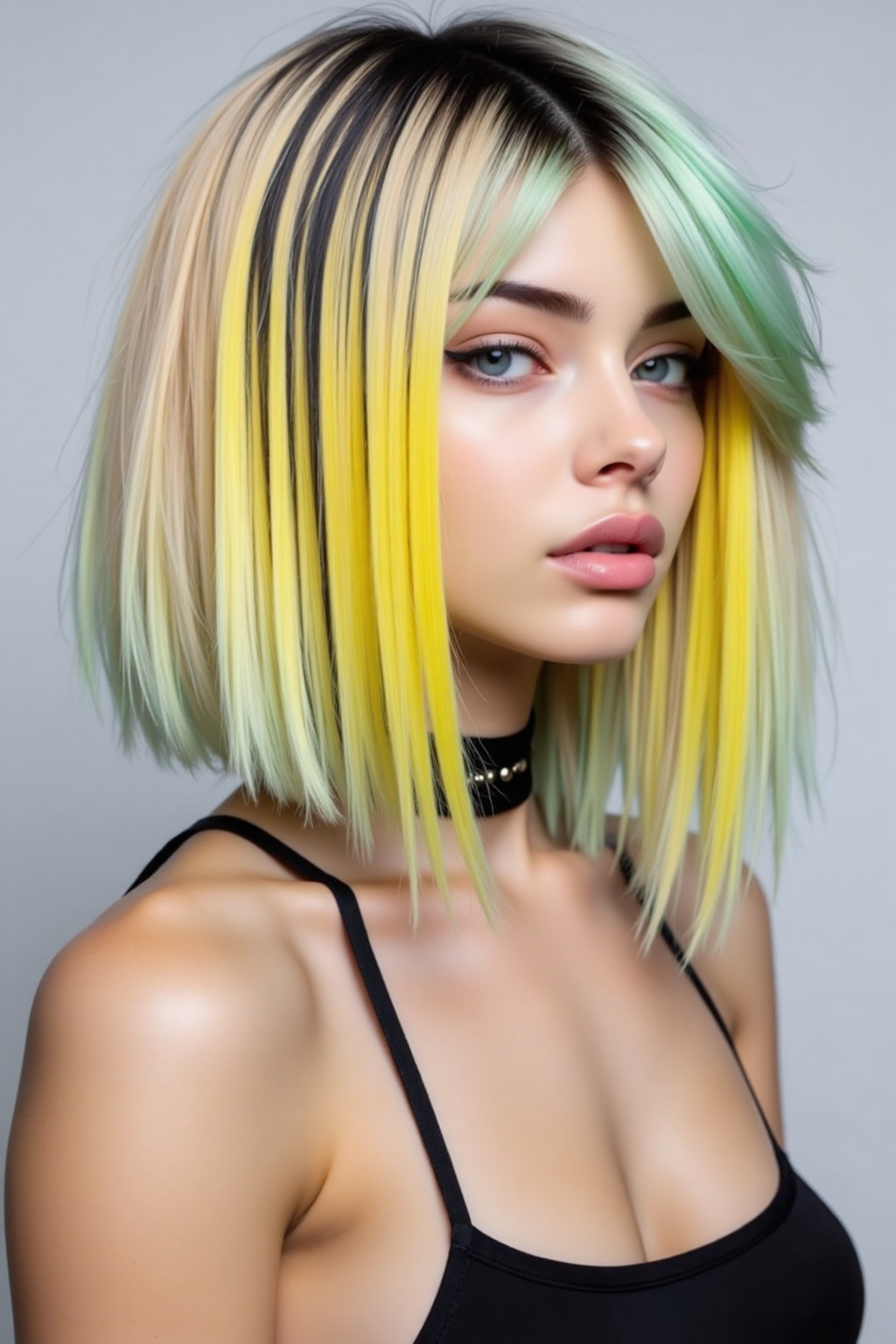 A digital artwork of a young woman with short layered blonde hair featuring yellow and green streaks. She has fair skin bl...