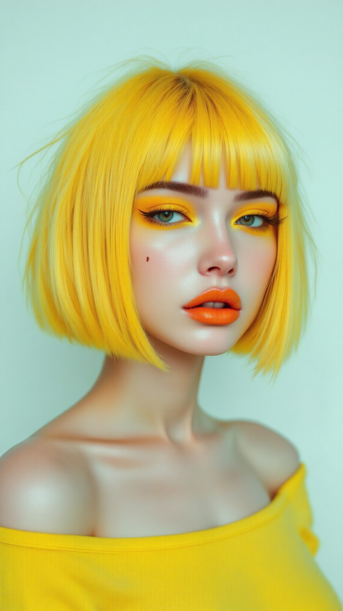 Photograph of a young woman with a bob haircut,  bright yellow hair,  and matching yellow eyeshadow and lipstick. She has...
