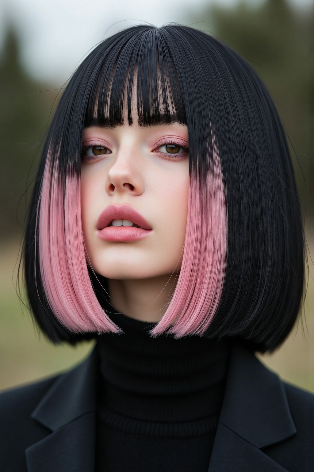 A young woman with a bob haircut featuring a black base and pink tips. She has a fair skin tone subtle makeup with pink ey...
