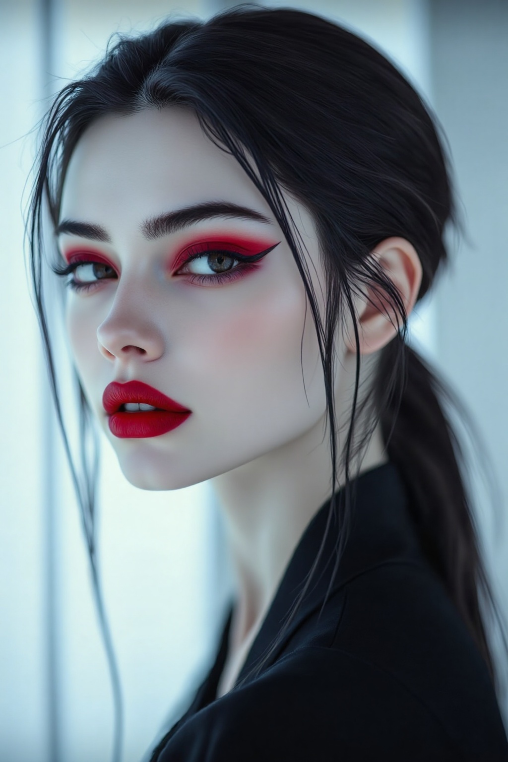 A extreme close-up of a woman with pale skin and striking red eyeshadow her dark hair pulled back. She wears a black top a...
