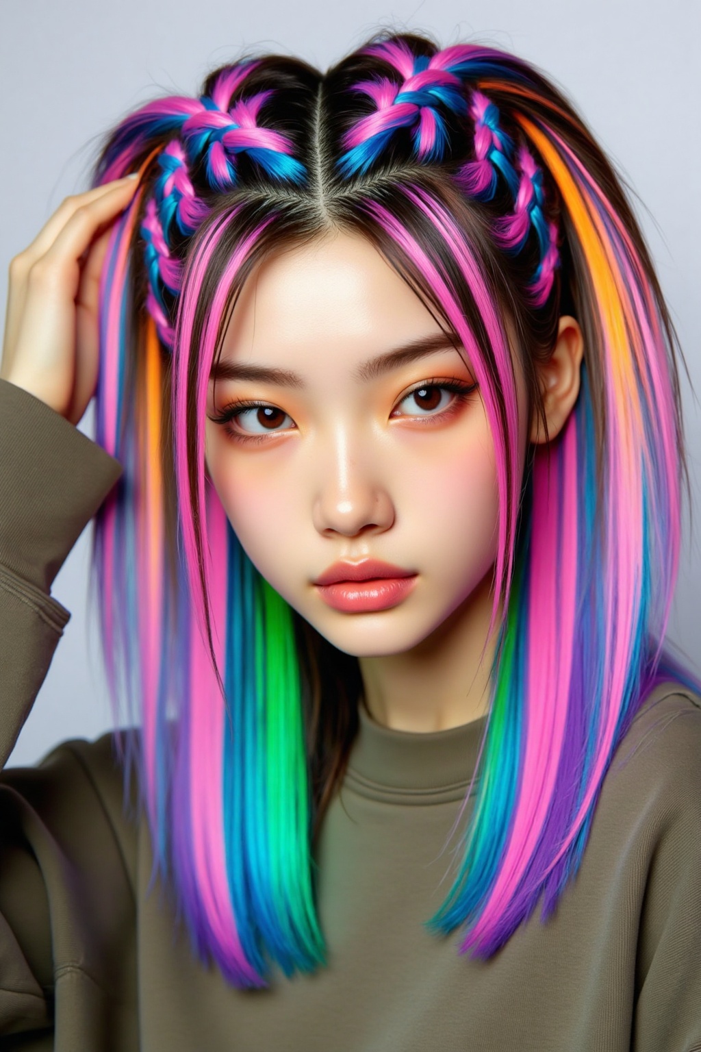 Digital art of a young woman with fair skin and vibrant neon-colored hair styled in two pigtails. Her hair is a mix of pin...
