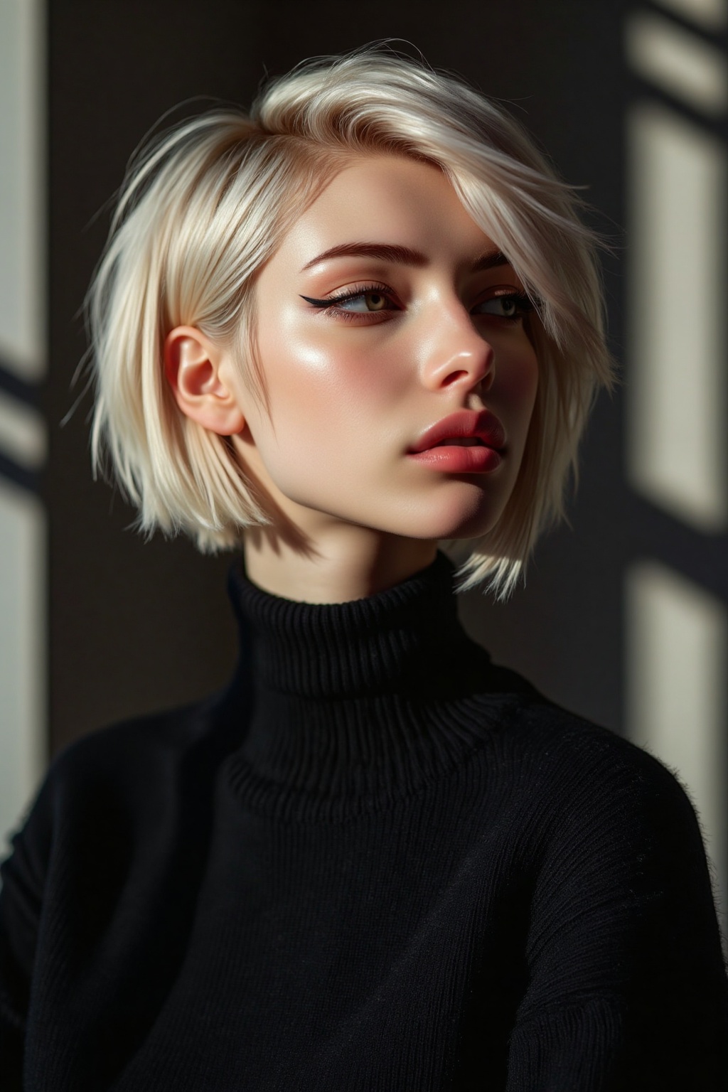 Photograph of a young woman with short platinum blonde hair and fair skin wearing a black turtleneck sweater. She has a sl...