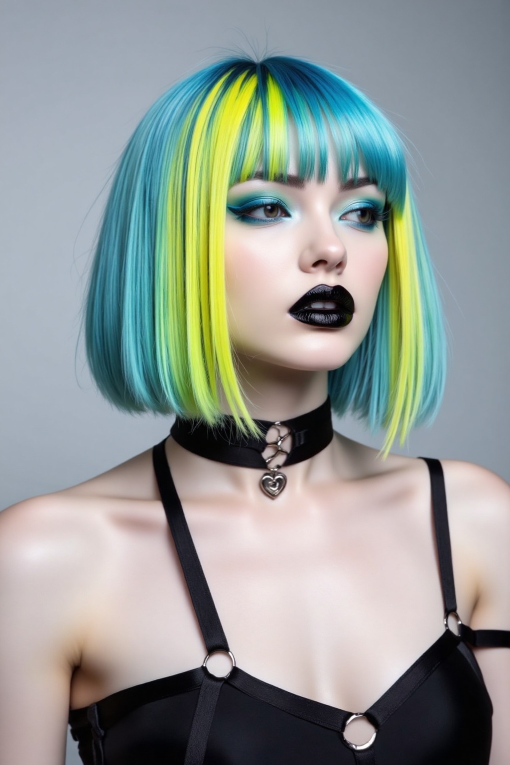 Photograph of a woman with a short vibrant bob haircut featuring multicolored streaks of blue green and yellow. She has pa...