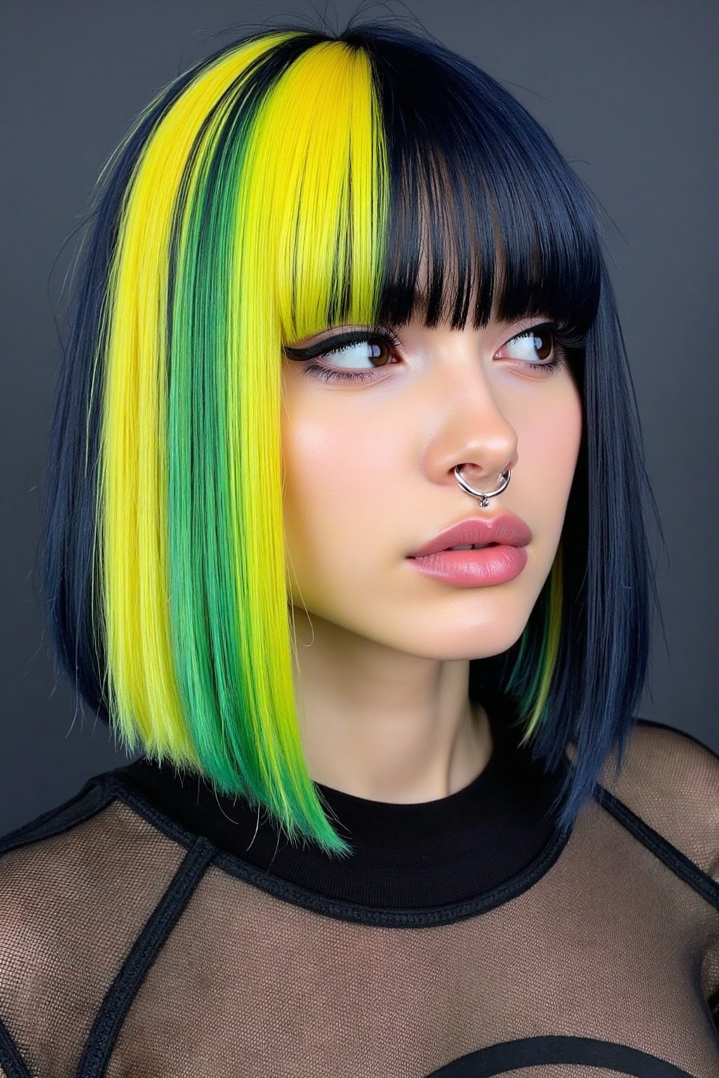 A close-up photograph of a young woman with strikingly colorful hair featuring bright yellow and green streaks with dark b...