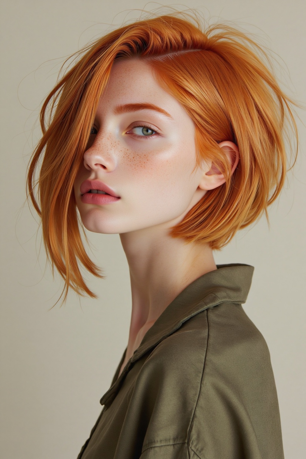 close-up portrait of a young woman with striking red hair styled in a messy bob. She has fair skin freckles and a slender...