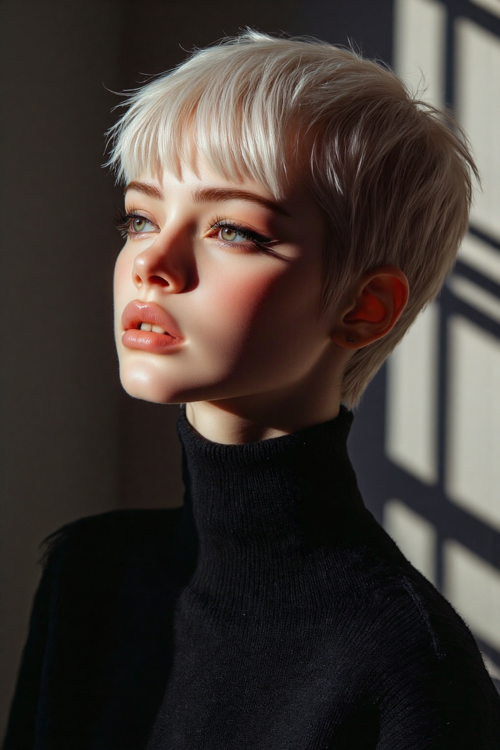 Photograph of a young woman with short platinum blonde hair and fair skin wearing a black turtleneck sweater. She has a sl...