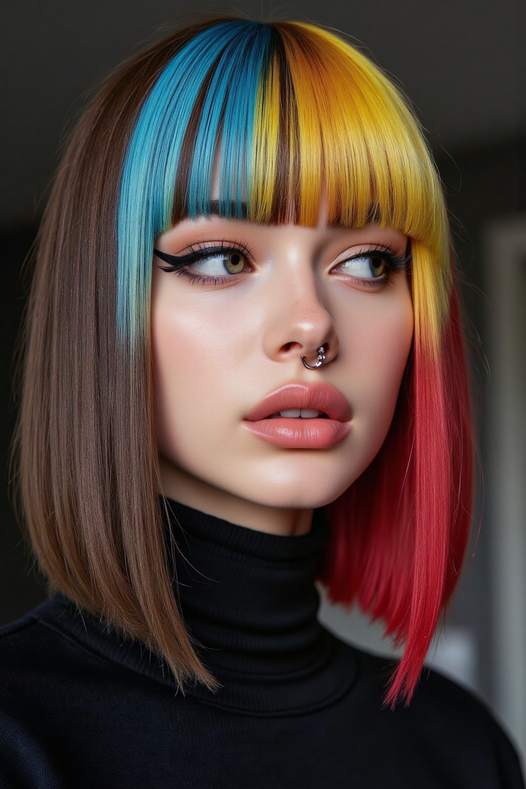 A close-up photograph of a young woman with a medium-length bob haircut featuring a striking multicolored ombre: brown blu...