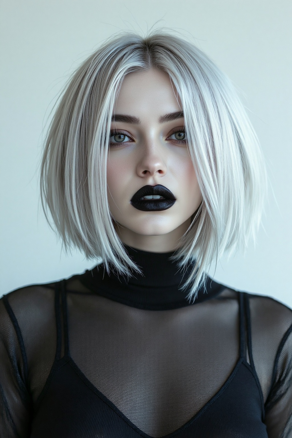 A woman with platinum blonde hair styled in a messy bob wearing dark lipstick heavy eye makeup and a sheer black top with...