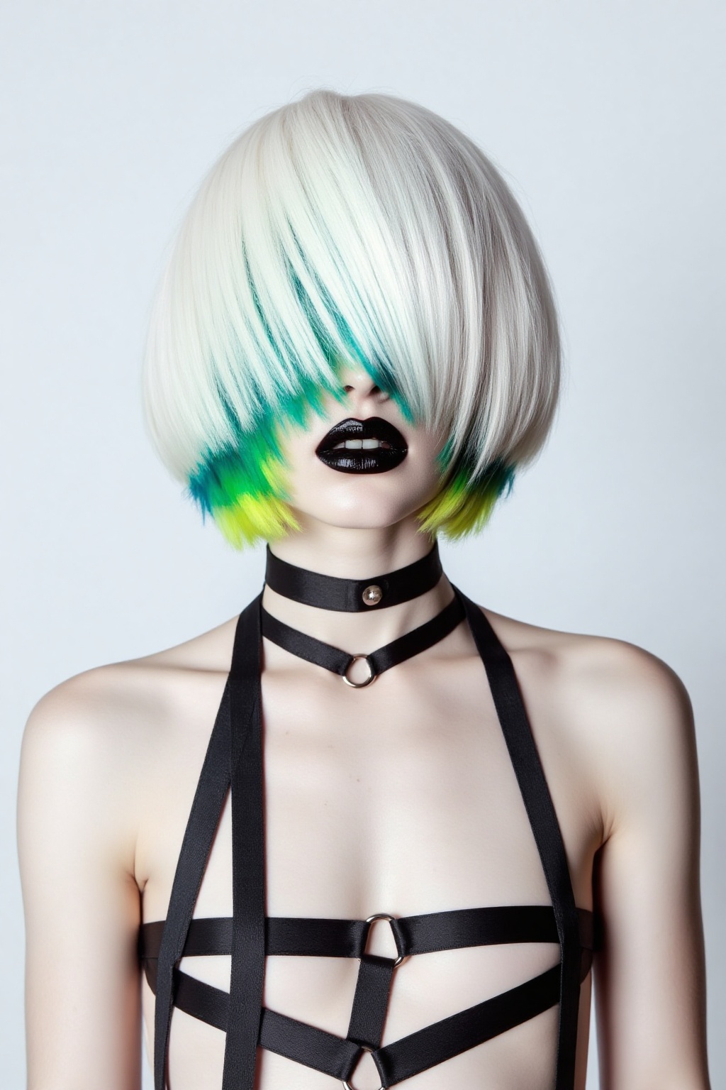A woman with a short platinum blonde bob haircut styled with vivid green and blue streaks stands against a plain white bac...