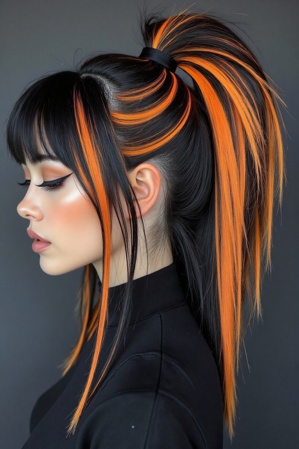 A woman with a high ponytail black hair with vibrant orange streaks wearing a black top and a black choker. Her makeup is...