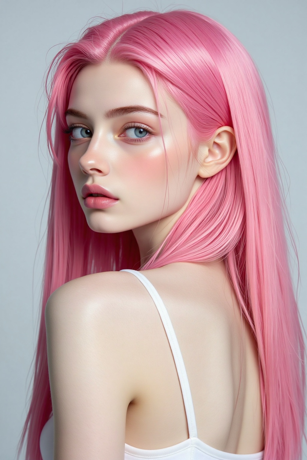 Photograph of a beautiful young woman with long straight vibrant pink hair fair skin and striking blue eyes. She has a del...