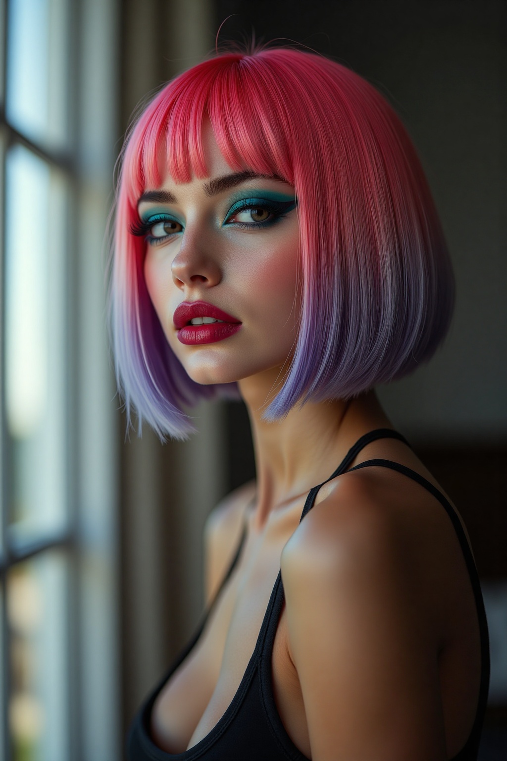 BOB cut,  multiple colour hair,  futuristic makeup on Tensor.Art