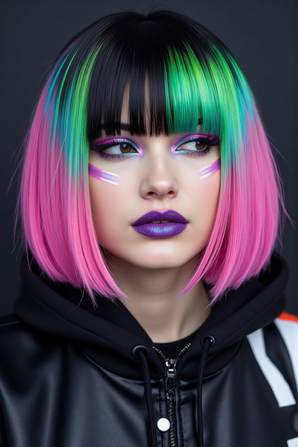 A close-up shot of a subject's face,  showcasing a striking BOB haircut with vibrant,  multi-colored locks. The camera cap...
